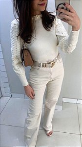 Calça jeans wide leg com elastano off white