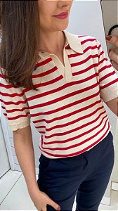 Blusa polo listrada creme com vermelho
