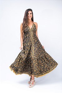 Vestido Seda Longo C/ Babado - Estampa Indiana