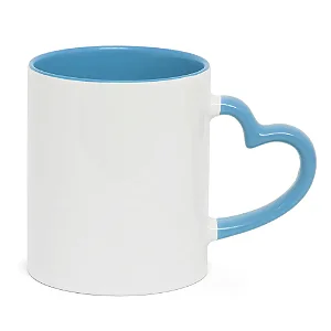 Caneca Branca com Alça Coração Azul claro- Interior e Alça Colorida 325ml | Para Personalização/ Sublimação