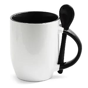 Caneca Branca com Colher, Interior e Alça Colorida - Preta (Cônica) – 325ml | Ideal para Sublimação