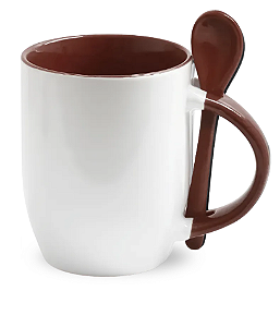 Caneca Branca com Colher, Interior e Alça Colorida - Marrom (Cônica) – 325ml | Ideal para Sublimação: