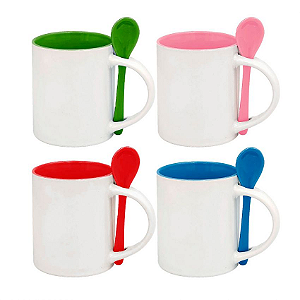 Caneca Branca com Colher, Interior colorido e Alça branca| 325ml (P/ Sublimação)
