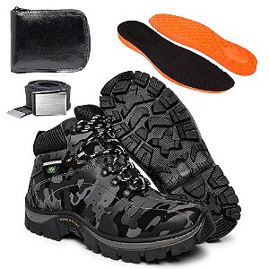 Kit Bota Coturno Adventure Masculino Camuflado em Couro Legítimo e Solado Costurado
