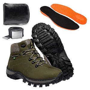 Kit Bota Coturno Adventure Masculino Oliva em Couro Legítimo e Solado Costurado