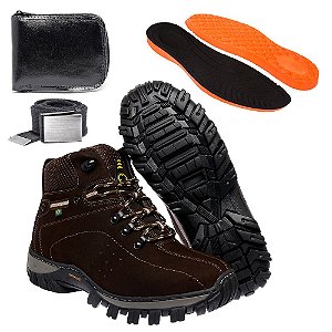 Kit Bota Coturno Adventure Masculino Café em Couro Legítimo e Solado Costurado