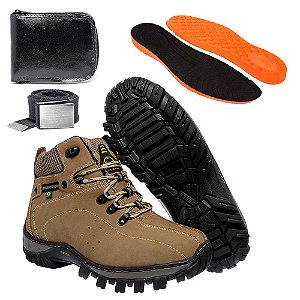 Kit Bota Coturno Adventure Masculino Caqui em Couro Legítimo e Solado Costurado