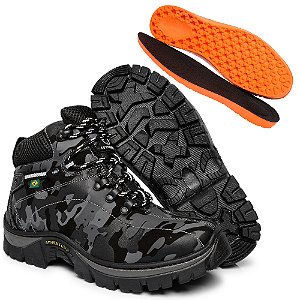 Bota Coturno Adventure Masculino Camuflado em Couro Legítimo e Solado Costurado