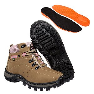 Bota Coturno Adventure Feminino Caqui-Rosa em Couro Legítimo e Solado Costurado