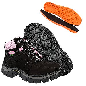 Bota Coturno Adventure Feminino Preto-Rosa em Couro Legítimo e Solado Costurado