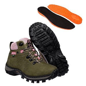 Bota Coturno Adventure Feminino Oliva-Rosa em Couro Legítimo e Solado Costurado
