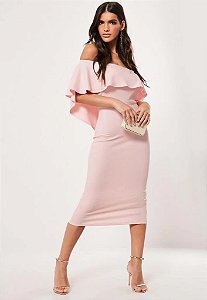 Vestido Midi Com Babado e Fenda Rosa