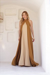 VESTIDO BICOLOR AREIA COM CARAMELO