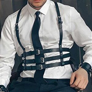 Suspensório em couro sintético ajustáveis para homens, cinto arnês, alças - Arreio Masculino