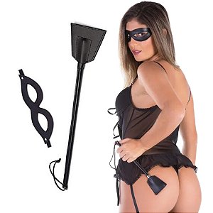 Kit Fantasia Erótica Máscara Tiazinha com Chibata de couro preto BDSM sex shop