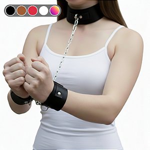 Kit Coleira e Algema com Corrente – Couro Sintético Premium