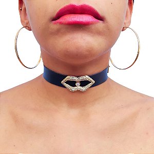 Coleira Choker c/ Strass em Formato de Boca Metal Regulável Punk Rock Gotic