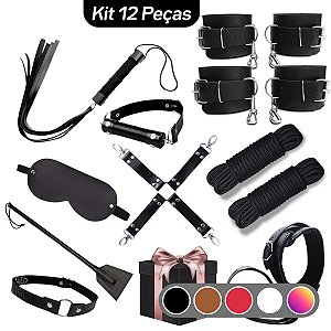 Kit BDSM 12 Peças Couro Bondage Fetiche Dominação Submissão Sado Mordaça Algema Chicote Coleira