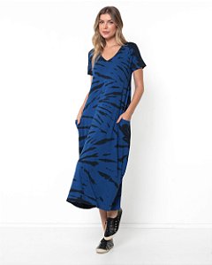 Vestido em Malha Estampado Decote V - Azul Roma