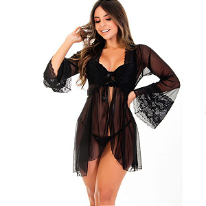 Robe Lingerie Noite em Tule e Renda com Manga Flare Sensual