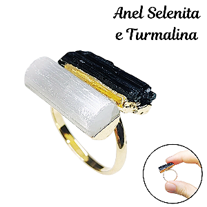 Anel Ajustável Selenita e Turmalina Banhado Ouro Prata