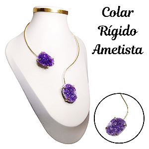 Colar Rígido Drusa de Ametista Natural Ouro/Prata