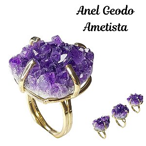 Anel Drusa de Ametista Natural Geodo de Cristal Ouro Prata