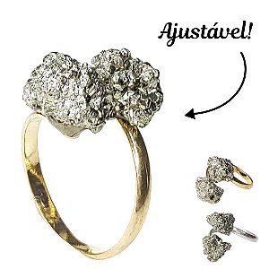Anel Ajustável Pirita Pedra Natural da Prosperidade 2 pedras Elegante Banhado Ouro Prata