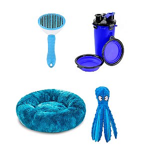 Kit Pet com Escova Rasqueadeira, cama M, Garrafa 2 em 1 e Brinquedo Polvo Azul