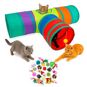 Kit Tunel de Gato 3 Saídas + 22 Brinquedos - Túnel 3 Saídas