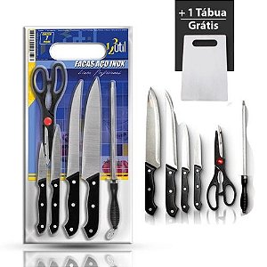Jogo Conjunto de Facas Inox com 7 Peças Cabo Preto