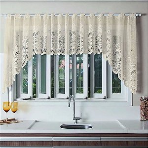 Cortina Cozinha Renda Arabesco Marfim 300x100cm Cascata Varão Interlar