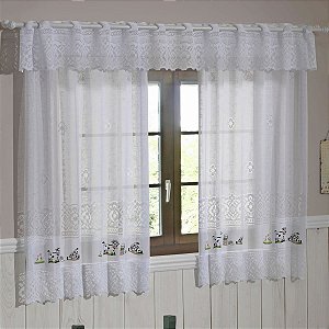 Cortina Cozinha Renda Vaquinhas Branca 200x120cm para Varão Interlar