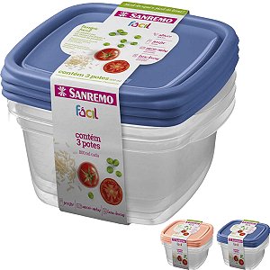 Kit 3 Potes Plástico Sanremo Fácil 800ml Quadrado Bpa Free