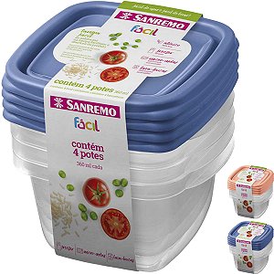 Kit 4 Potes Plástico Sanremo Fácil 360ml Quadrado Bpa Free