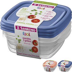 Kit 3 Potes Plástico Sanremo Fácil 530ml Quadrado Bpa Free