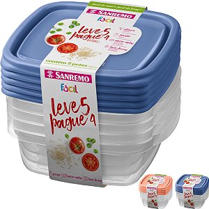 Kit 5 Potes Plástico Sanremo Fácil 530ml Quadrado Bpa Free