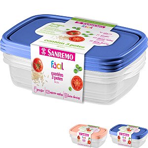 Kit 3 Potes Plástico Sanremo Fácil 1800ml Retangular Bpa Free