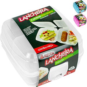 Lancheira Dupla Plástica Porta Lanche 4 Divisória Pote Escola Academia