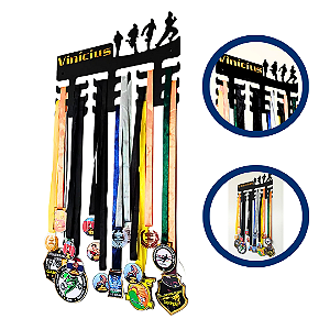 Porta Medalhas Vazado de Corrida ou Maratona Personalizado em MDF Preto Unissex