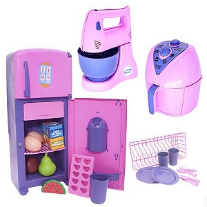 Brinquedo Menina Cozinha Geladeira Comida Eletro Prato 22pç