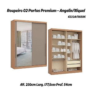 Roupeiro 02 Portas de Correr Premium Elegance c/ Espelho G - 4222A - Angelin / Níquel - Móveis Castro