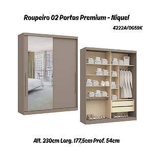 Roupeiro 02 Portas de Correr Premium Elegance c/ Espelho G - 4222A - Níquel - Móveis Castro