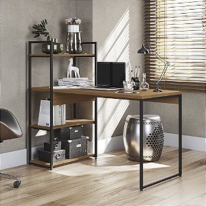 Mesa Escrivaninha com Prateleiras LI010 - Canela/Preto - Linha Industrial - Kappesberg