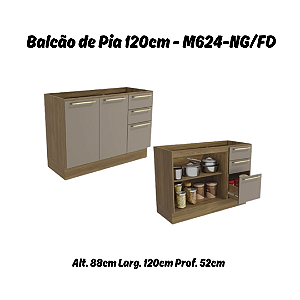 Balcão 02 Portas 03 Gavetas 120cm - Ref. M624 - Nogueira / Fendi - Linha Botanic - Kappesberg