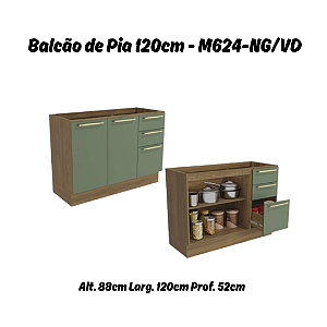 Balcão 02 Portas 03 Gavetas 120cm - Ref. M624 - Nogueira / Verde - Linha Botanic -Kappesberg