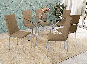 Conjunto de Mesa Loire 120cm + 06 Cadeiras Amsterdã Cromado Cor Capuccino - Kappesberg Crome