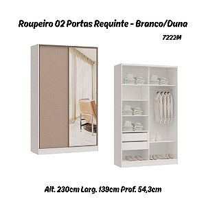 Roupeiro 02 Portas de Correr Requinte c/ 01 PT Espelho - 7222ME - Branco / Duna - Móveis Castro