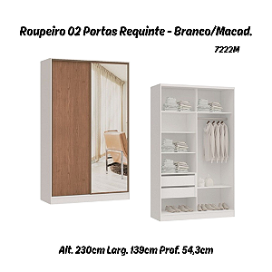 Roupeiro 02 Portas de Correr Requinte c/ 01 PT Espelho - 7222ME - Branco / Macadâmia - Móveis Castro