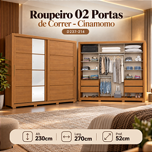 Roupeiro 270cm 02 Portas Deslizantes Palace c/ Espelho - D237-1214 - Cinamomo - Móveis Henn